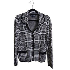 Jones New York Collection Black White Plaid Cotton Blend Sweater Blazer Size L